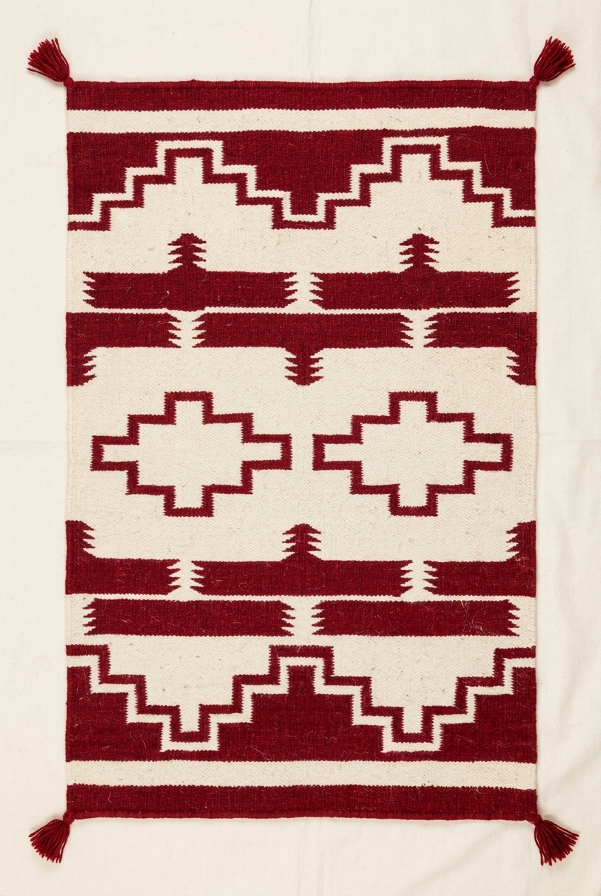 Navajo-Styled Handwoven Wool Rug — Red & Ivory Geometric - 2x3 ft