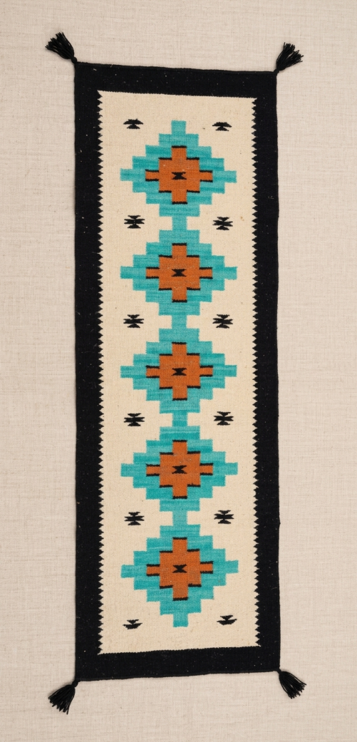 Navajo-Styled Handwoven Wool Runner 2x6 ft — Turquoise Diamond Chain