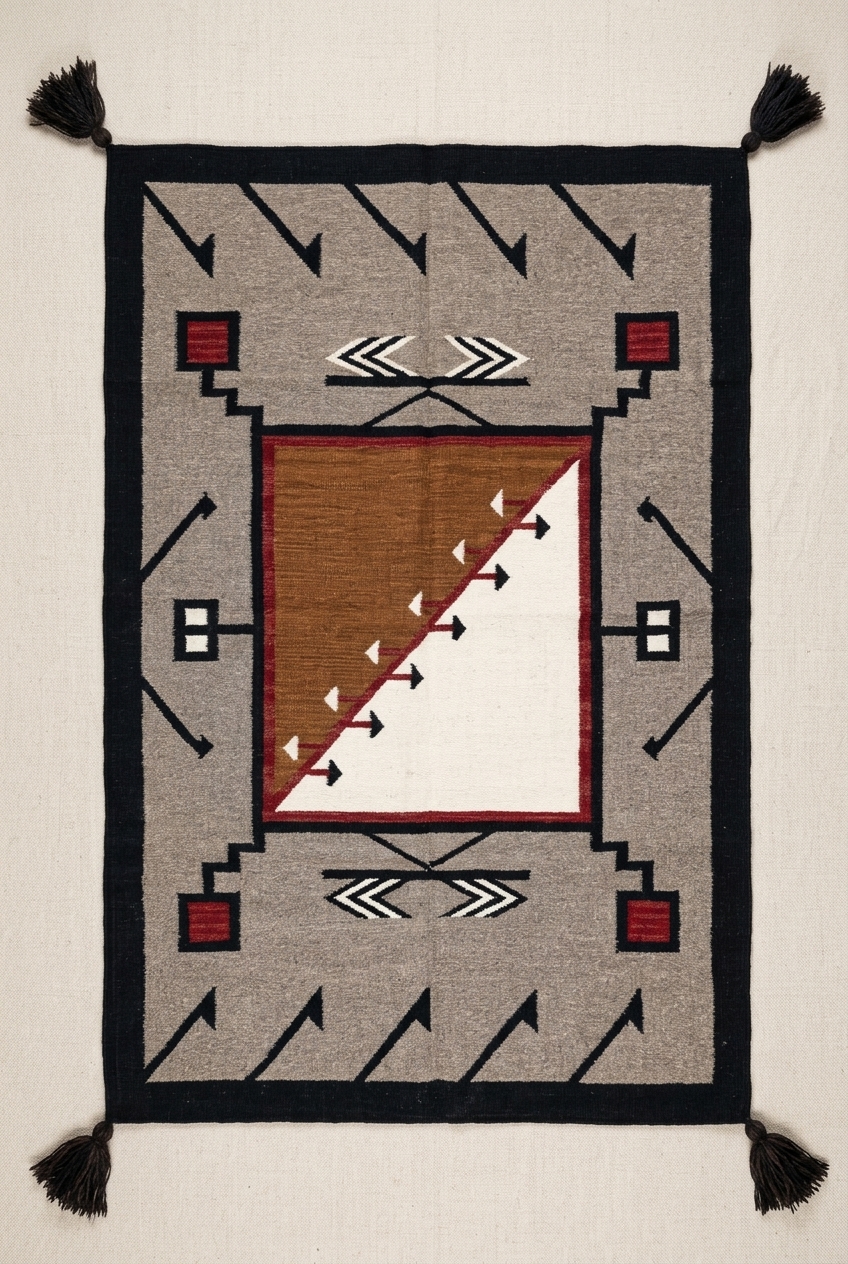 Navajo-Styled Handwoven Wool Rug 5x7 ft — Diagonal Panel with Arrow Border