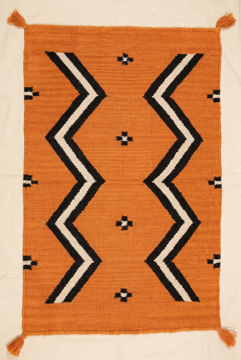 Navajo-Styled Handwoven Wool Rug 2x3 ft — Burnt Orange Zigzag