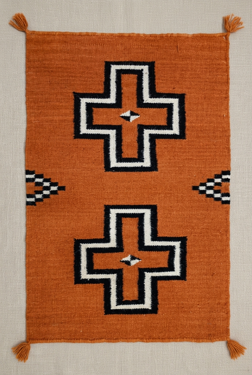 Navajo-Styled Handwoven Wool Rug 2x3 ft — Rust Orange Cross Medallion