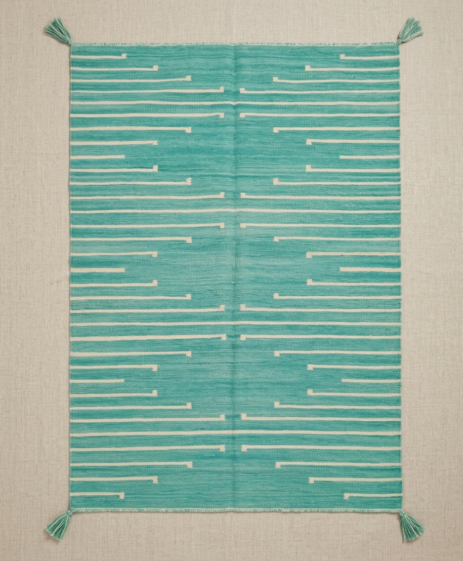 Navajo Styled Modern Handwoven Wool Rug 4x6 ft — Teal Broken Stripe