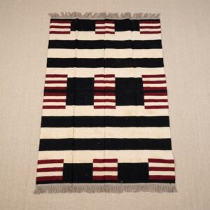 Navajo Handwoven Wool Rug 6x8 ft — Striped Block, Black & Maroon
