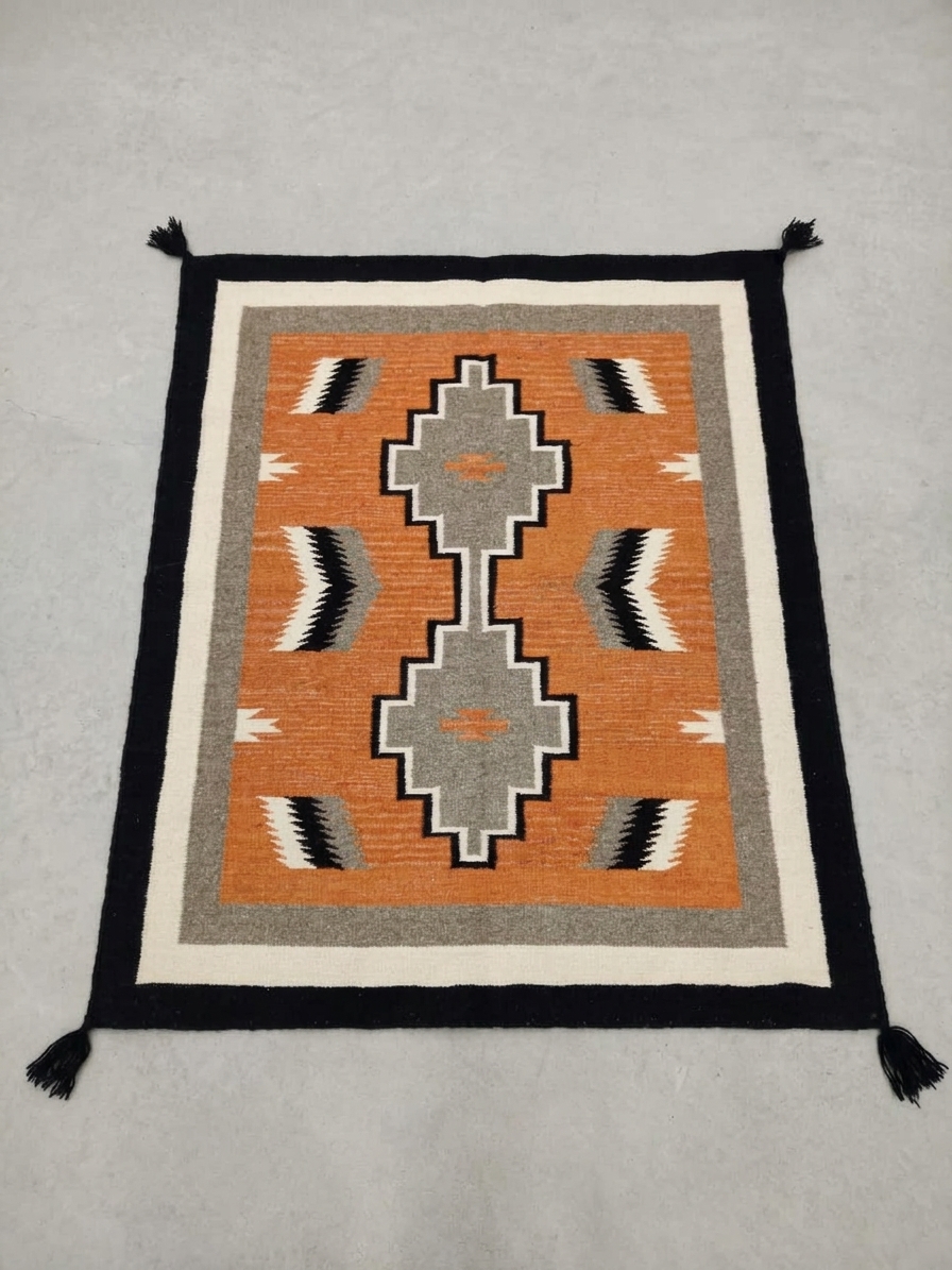 Navajo-Styled Handwoven Wool Rug 4x5 ft — Diamond Medallion, Rust & Charcoal