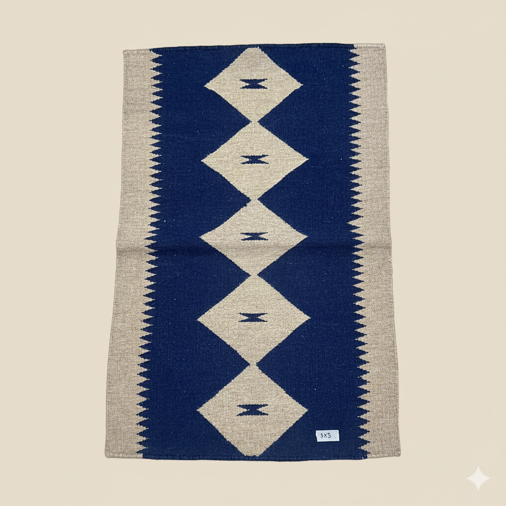 Navajo-Styled Handwoven Wool Rug 2x3 ft — Navy Diamond Chain