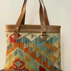 Kilim Handwoven Wool Tote Bag with Leather Trim