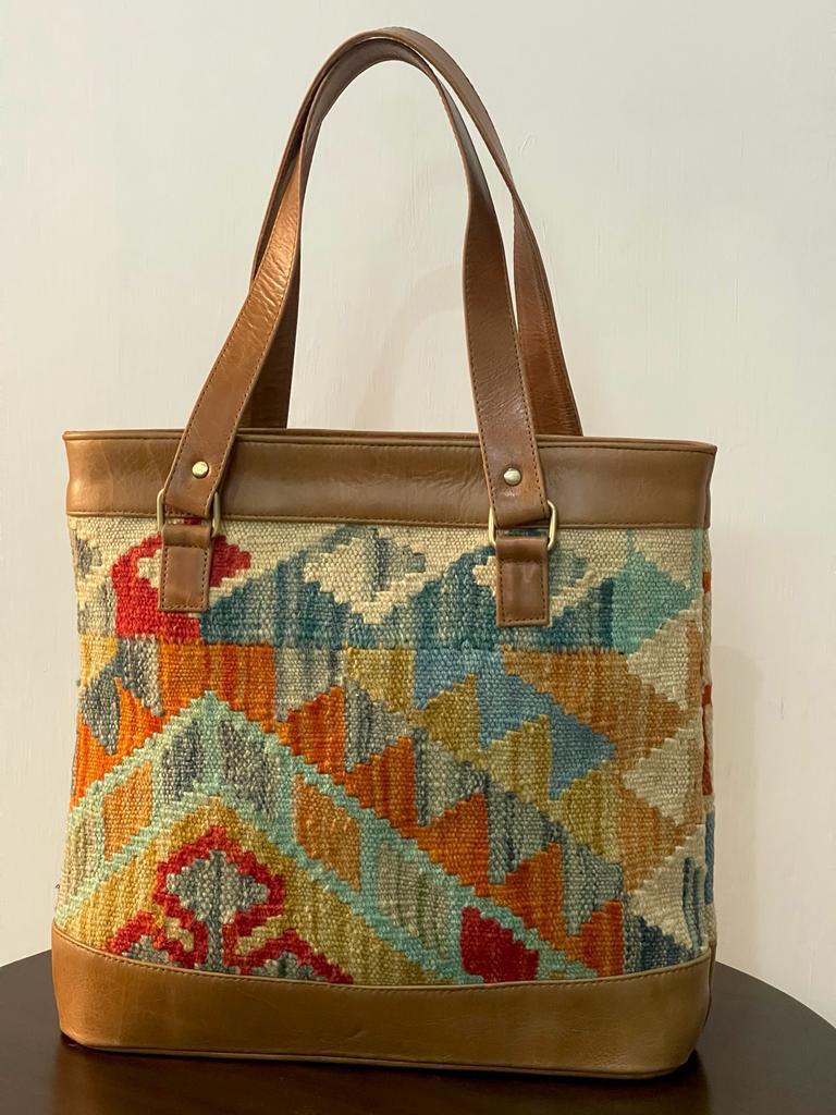 Kilim Handwoven Wool Tote Bag with Leather Trim