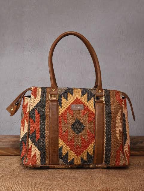 Kilim Handwoven Wool Duffel Bag with Leather Trim