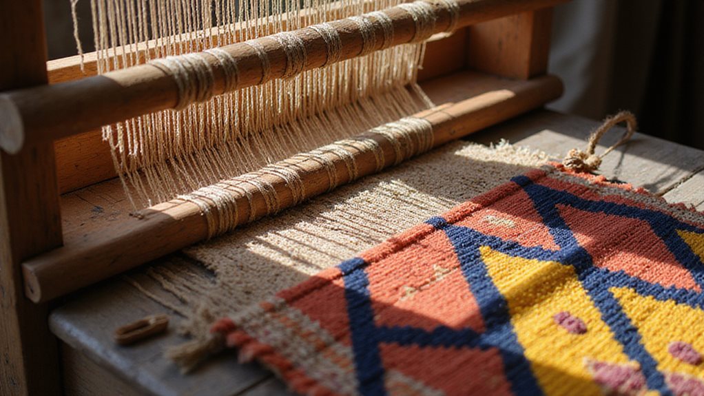 Artisan hand-knotting a rug on a traditional loom