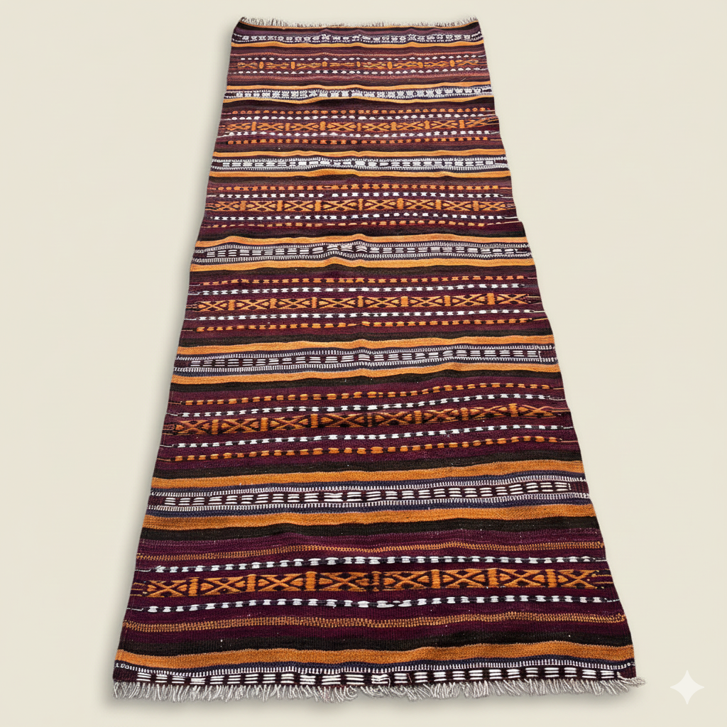 Red Kilim Wool Runner Rug 4x10 ft, Handwoven tribal pattern