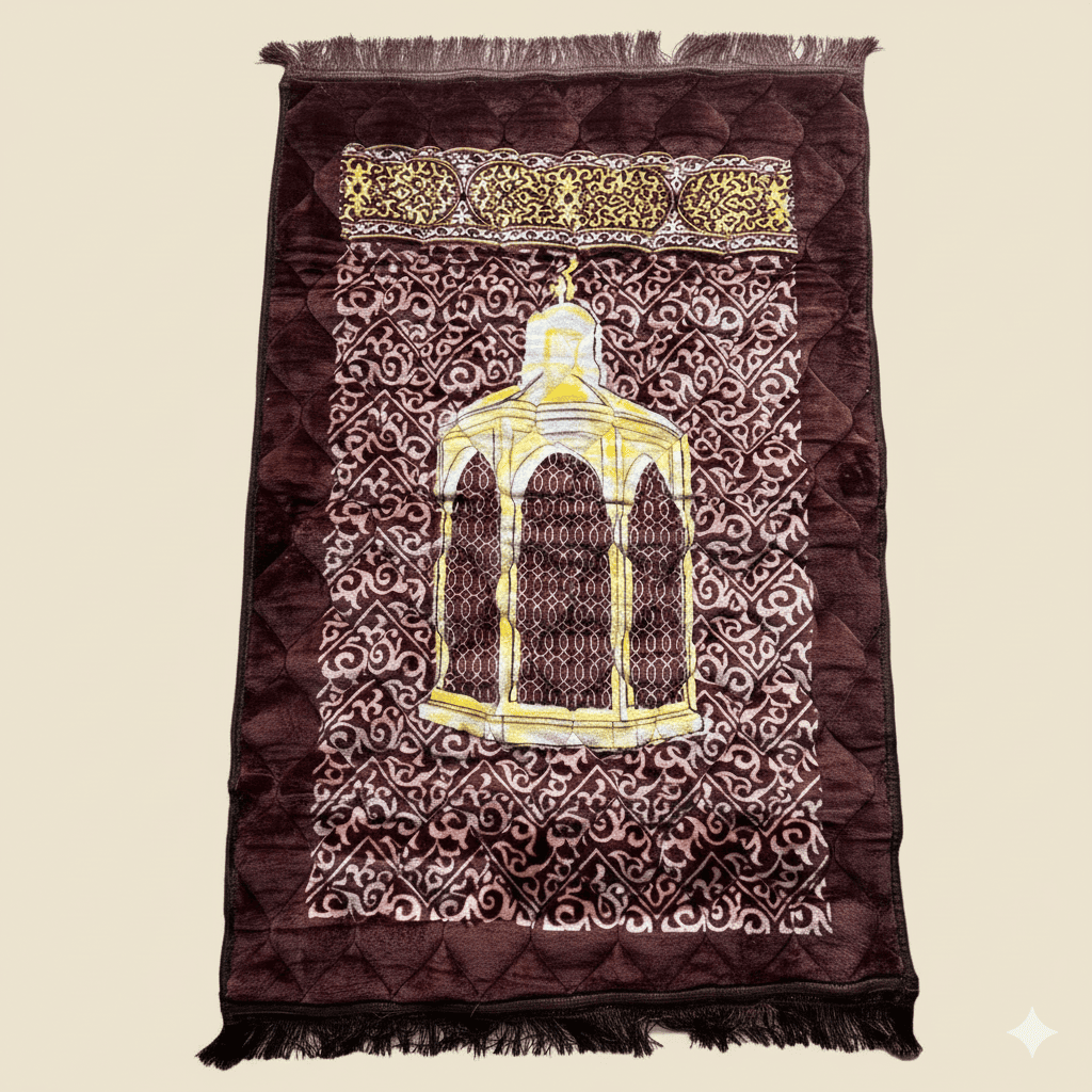 Durree Janamaz — Plum Velvet Prayer Mat, Gold Lantern Motif
